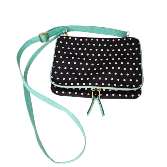 Fossil Keyper Mini Flap Crossbody Organizer Purse Polka Dot Bag - Black and Mint - Picture 1 of 13